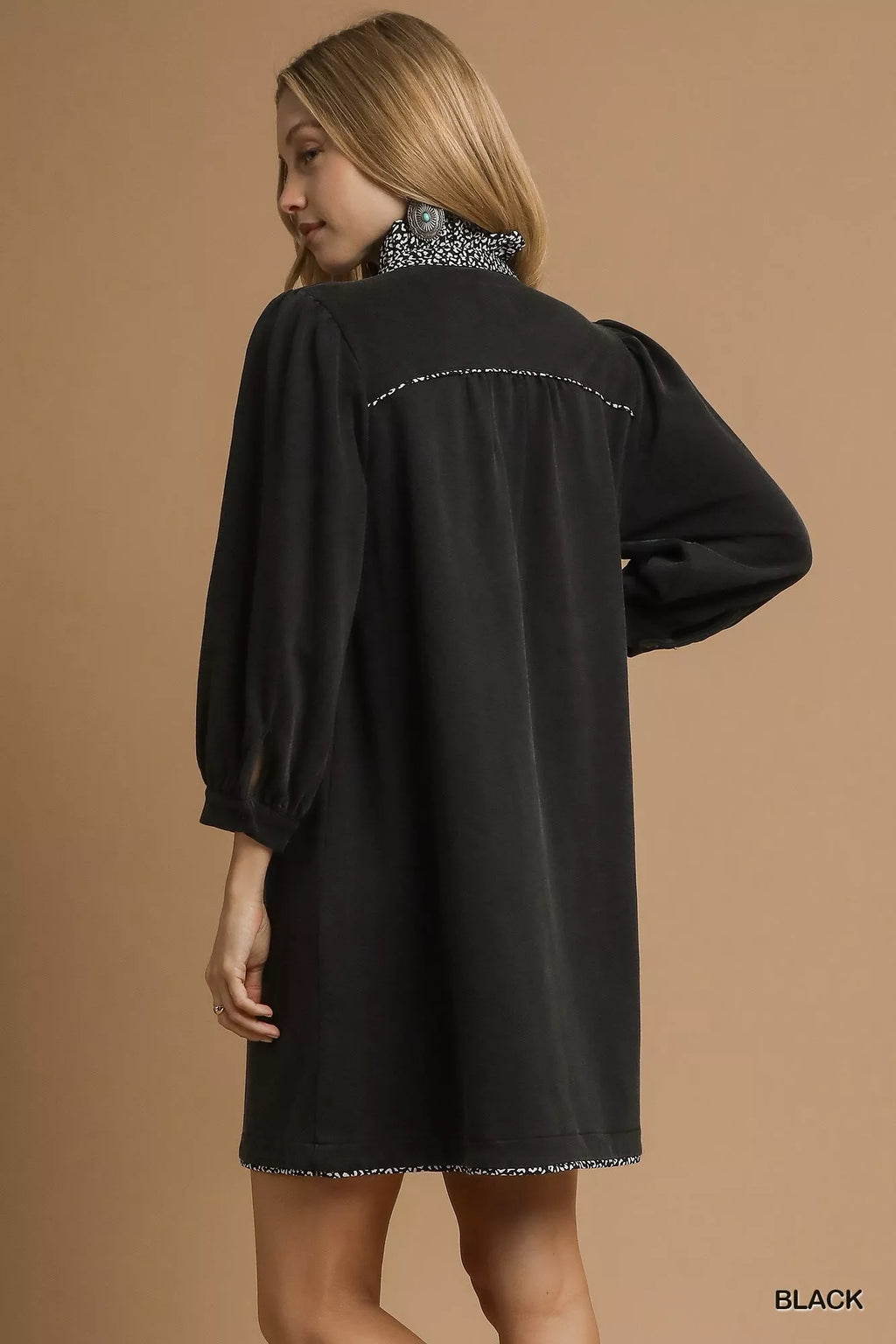Umgee French Terry Balloon Sleeve Shift Dress with Leopard Print Detail