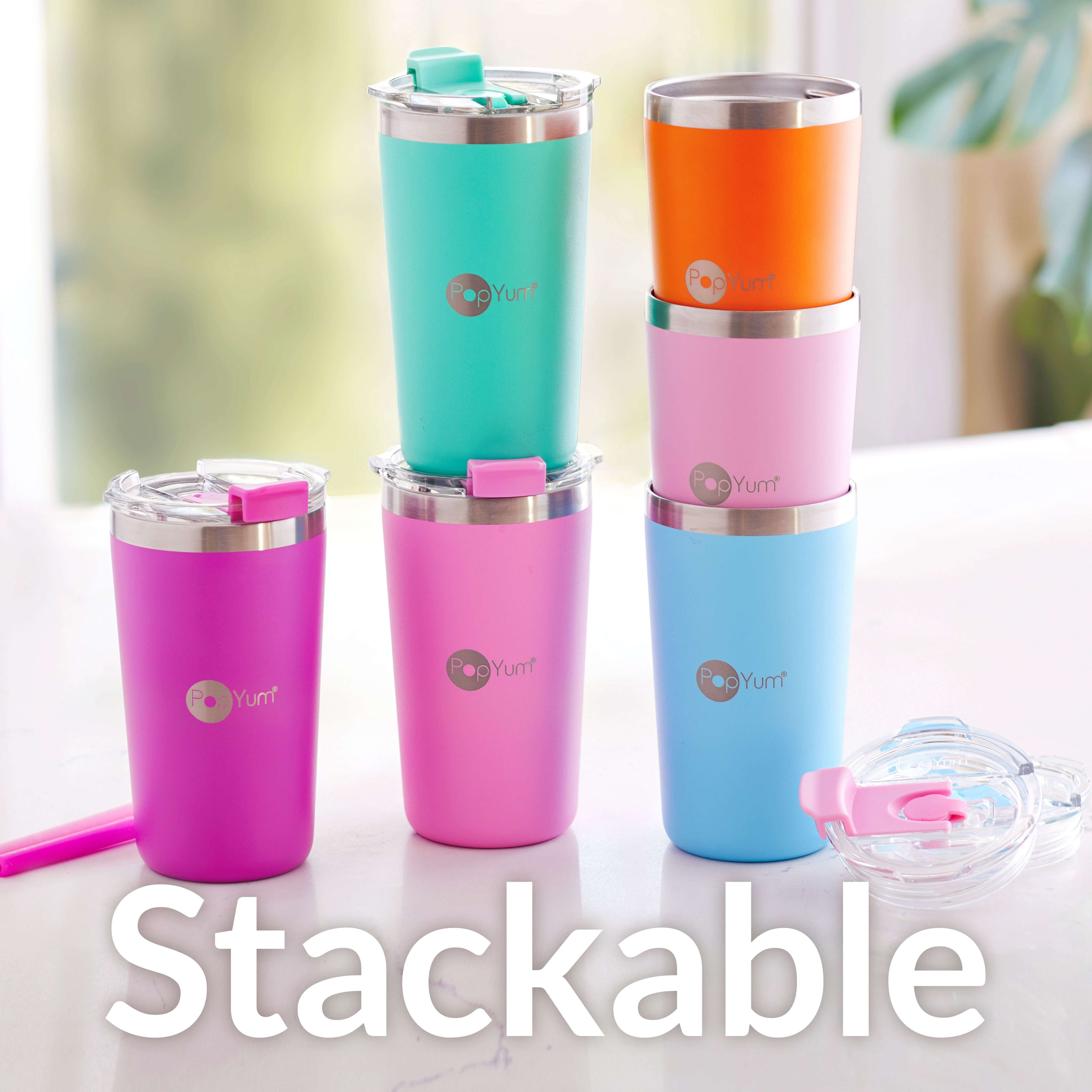 PopYum 13oz Insulated Stainless Steel Kids’ Cups with Lid and Straw, 2-Pack, Blue & Green, stackable, sippy, baby, child, toddler, tumbler