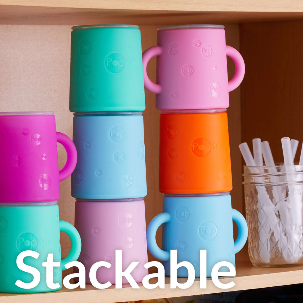 PopYum Silicone Training Cup with Straw Lid 2-Pack for Baby, Infant and Toddler, Tumbler, Sippy, handles, 5 ounce (blue, pink)