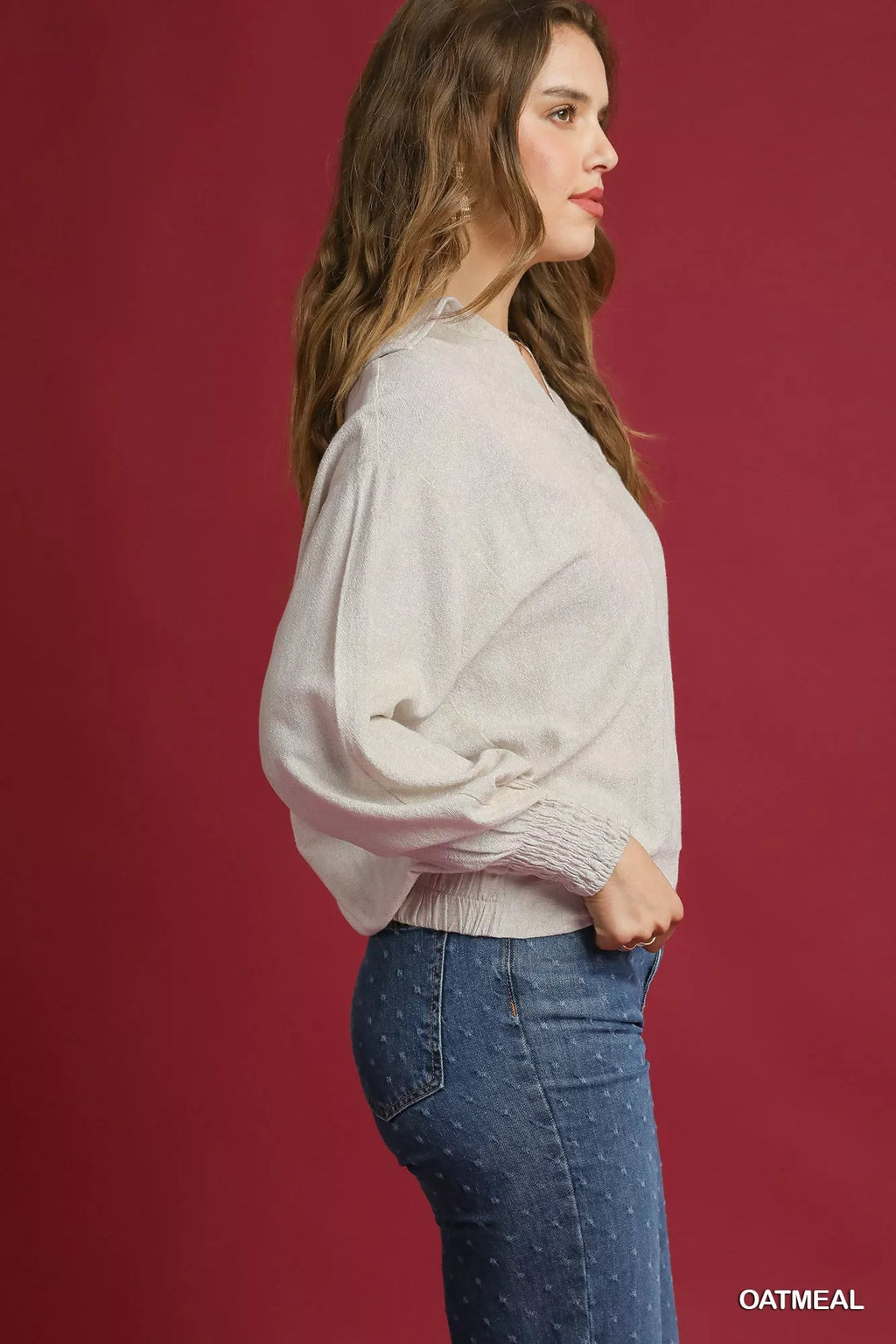 Umgee Linen Long Sleeves Elastic Hem Blouse