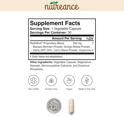 RediMind – Natural Brain Booster & Memory Support (Vegan, 30 Capsules)