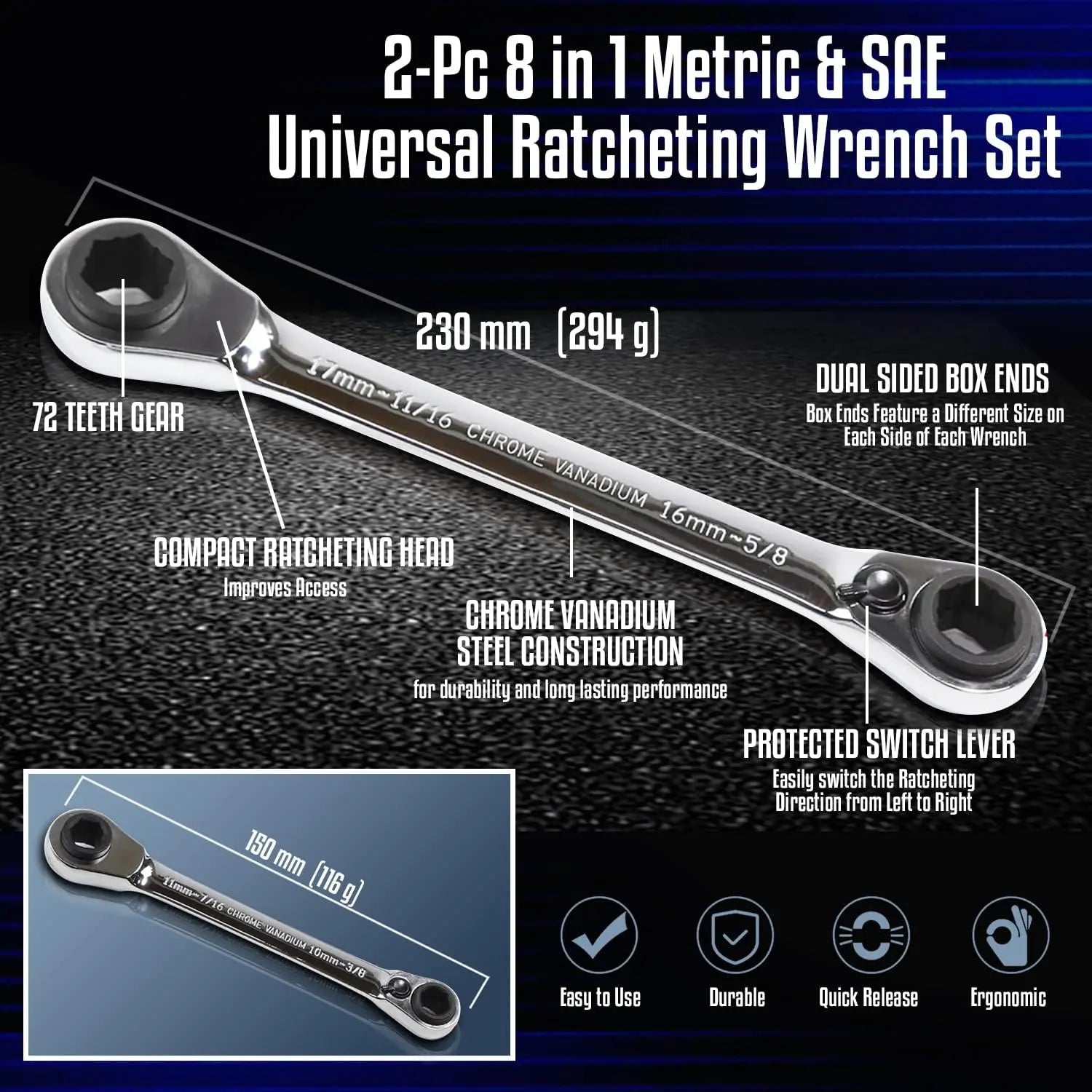 Professional 8-in-1 Ratcheting Wrench Set - Chrome Steel with 72-Tooth Design (LE-RWH252)