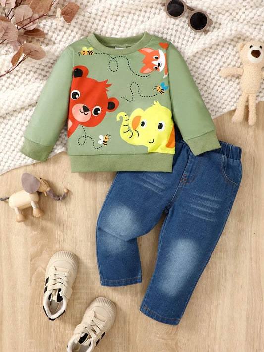 Children's Cartoon Animal Print Sweatshirt & Jeans Set