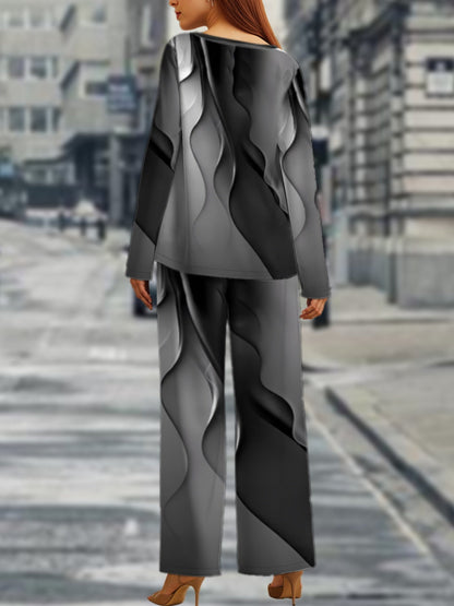 Vibrant  Geometric Plus Size Long Sleeve Top  Pants Set