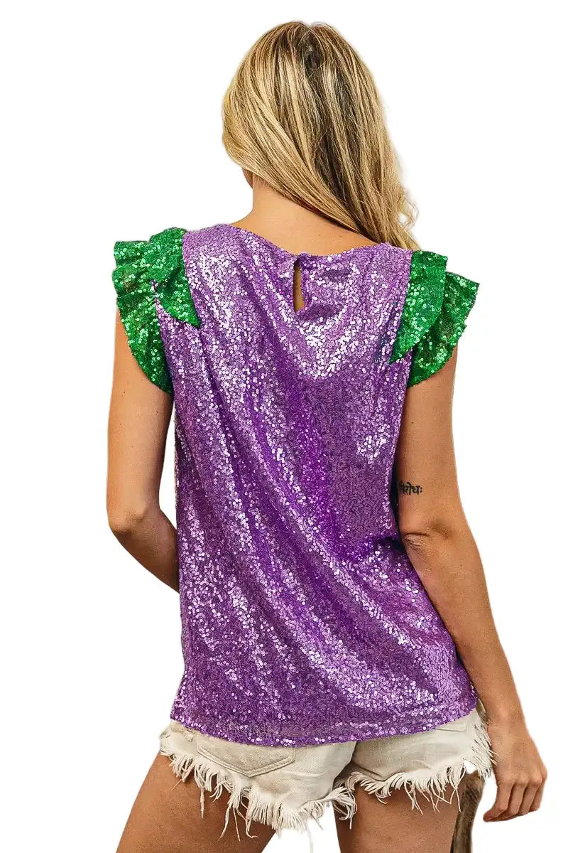 BiBi Mardi Gras Sequin Color Block Ruffled  Top