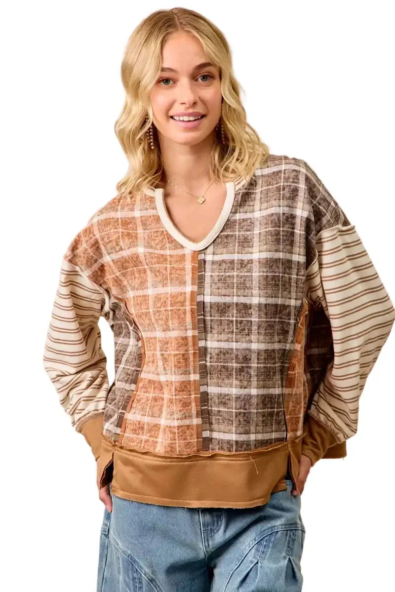 BiBi Plaid And Stripe Mix And Match Top With Open Seam