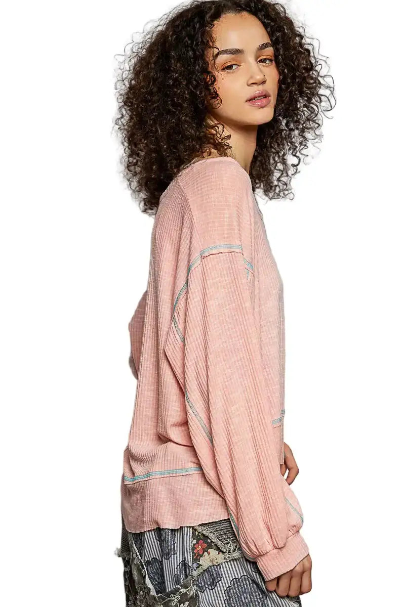 POL Round Neck Long Sleeve Exposed Seam Top with Chest Pocket