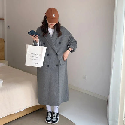 Women's Gray Woolen Plump Girls Loose All-match Coat
