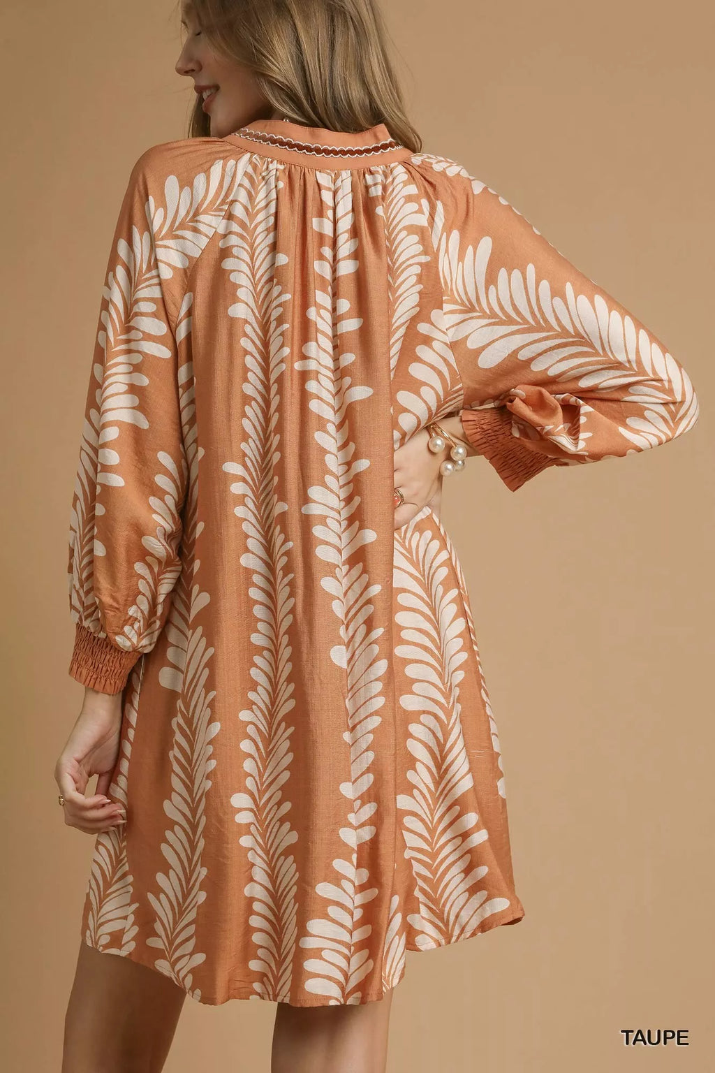 Umgee Leaf Print Notched Mini Babydoll Dress
