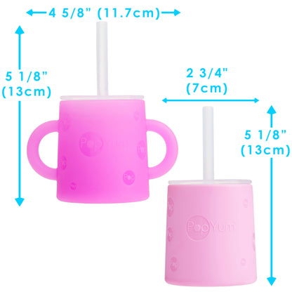 PopYum Silicone Training Cup with Straw Lid, 2-Pack for Baby, Infant and Toddler, Tumbler, Sippy, handles, 5 ounce (purple, pink)