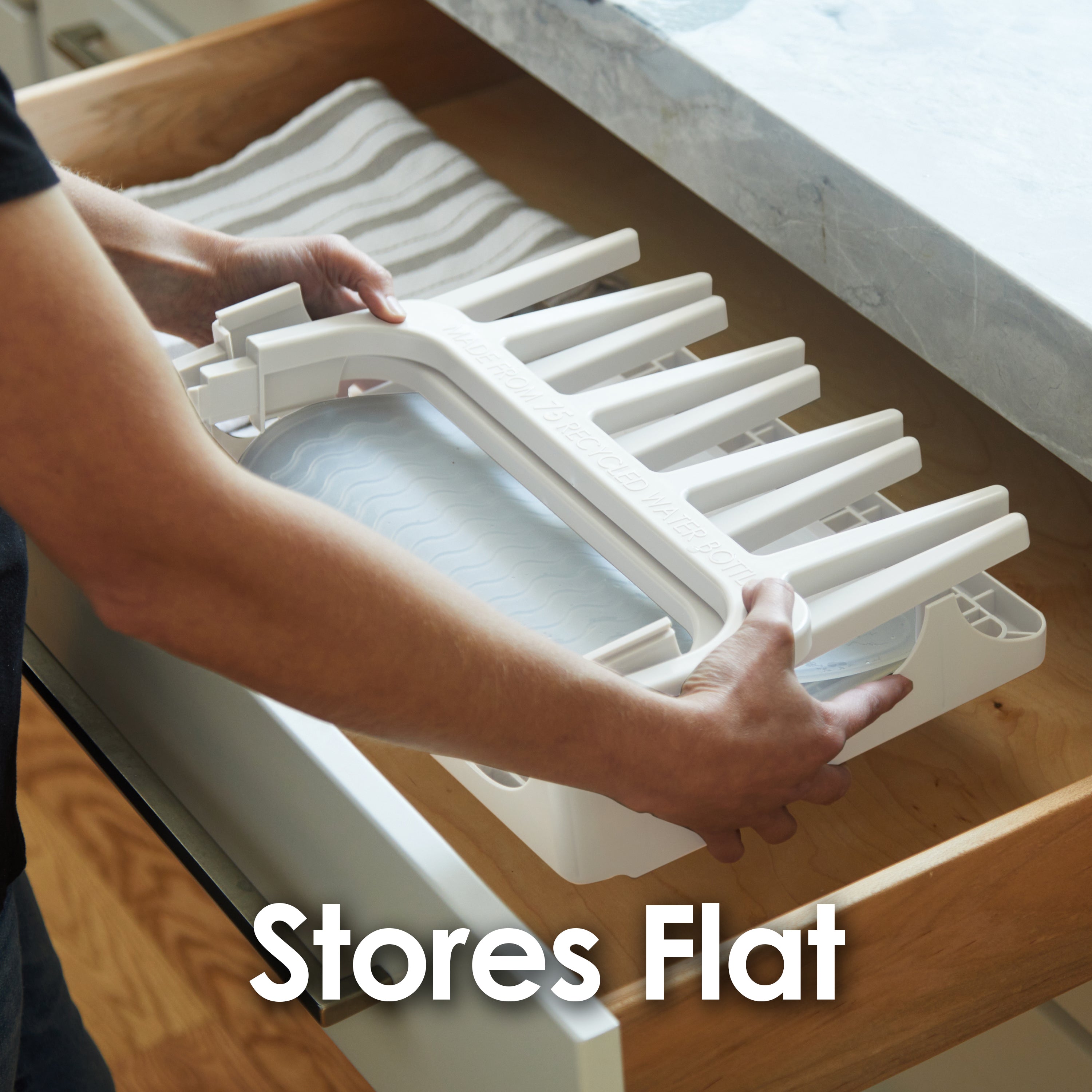 PopYum Glacier White Drying Rack from 100% Recycled Bottles with Silicone Drying Mat, countertop for Baby Bottles, Plastic Bags, Cups, Compact