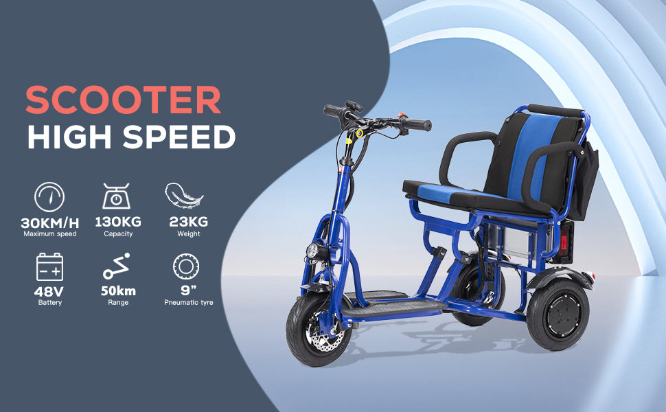 COUGAR (Blue) Folding Electric Mobility Scooter 3 Wheel Lightweight Portable Power Travel Scooters