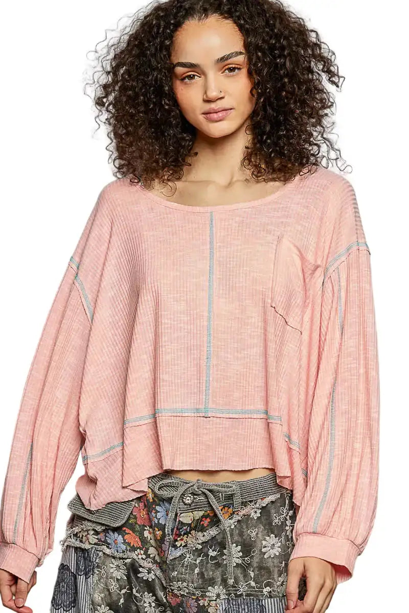 POL Round Neck Long Sleeve Exposed Seam Top with Chest Pocket