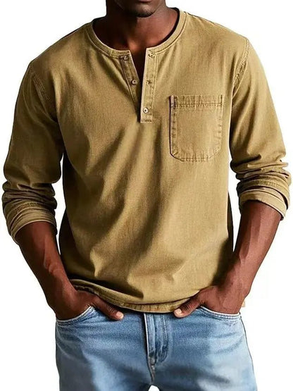 Men's V-neck Long-sleeved Pullover Top with Button Design