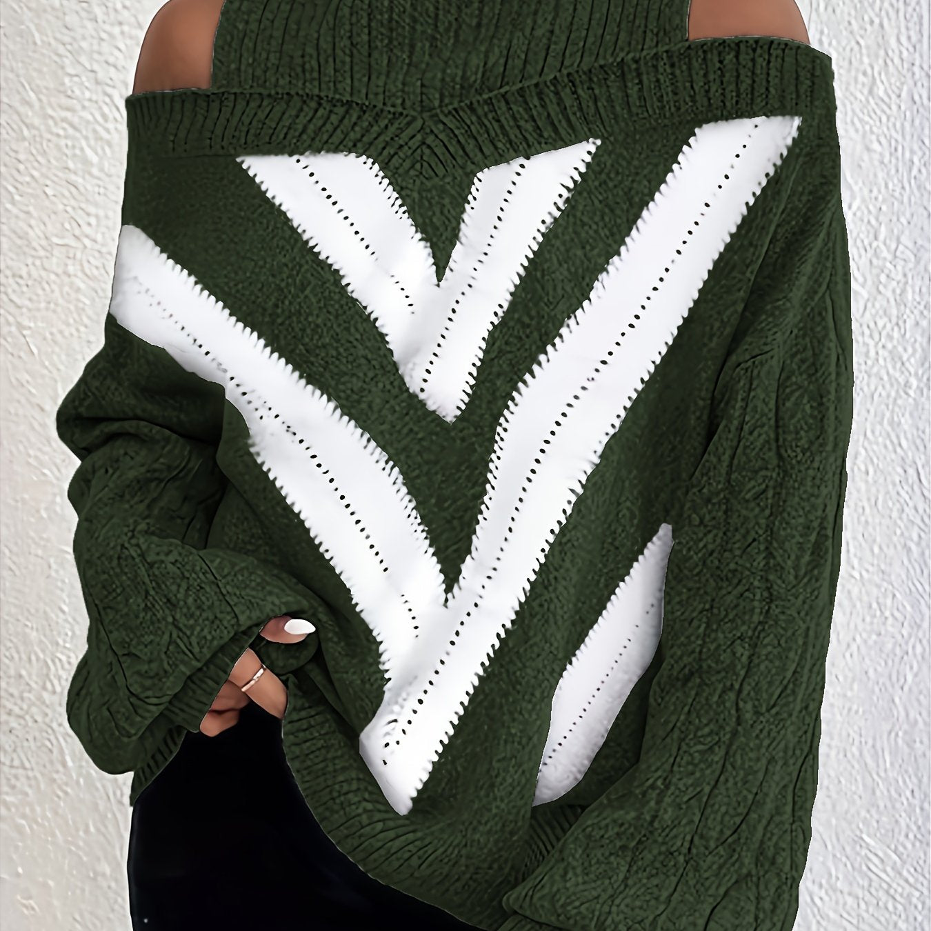 Elegant Plus Size Off Shoulder Striped Cable Knit Sweater