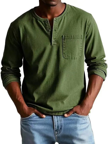 Men's V-neck Long-sleeved Pullover Top with Button Design