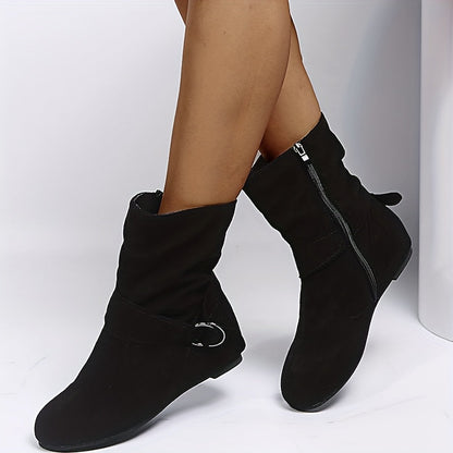 Ankle Boots  Round Toe Buckle Belt Side Zipper Boots