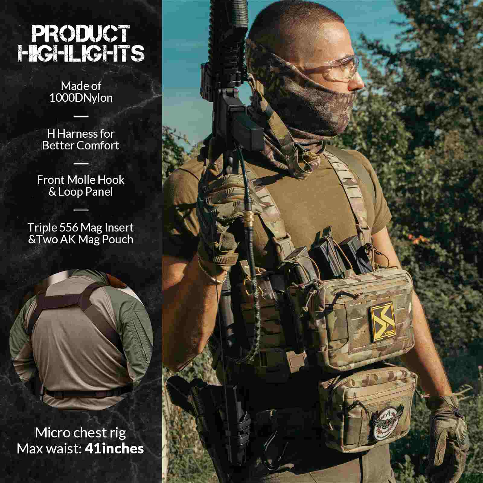 Votagoo Tactical Chest Rig，Molle Modular Micro Fight Chest Rigs Adjustable&Detachable with 5.56/7.62 Magazine Pouch