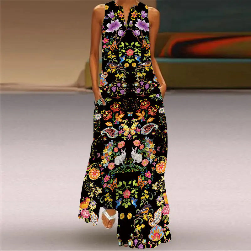 Printed V-neck Sleeveless Maxi Dress