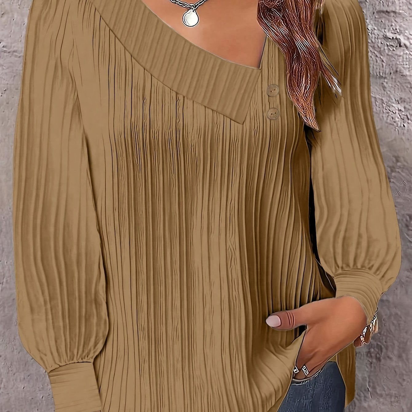 Chic Plus Size V-Neck Blouse Decorative Buttons Glossy  Top
