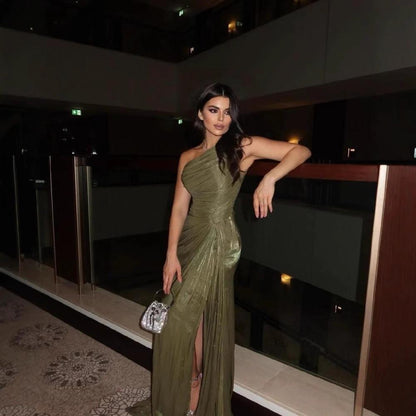 Pleated Ribbon Shiny Evening Dress