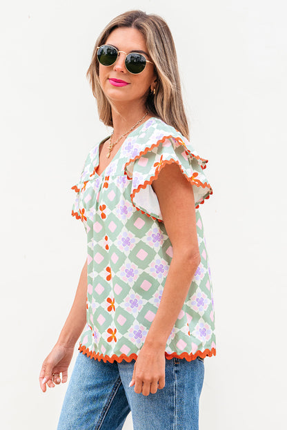 Belen Floral Layered Flutter Sleeve Rac Trim Blouse