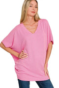 Zenana Raised Rib V-Neck Batwing Top