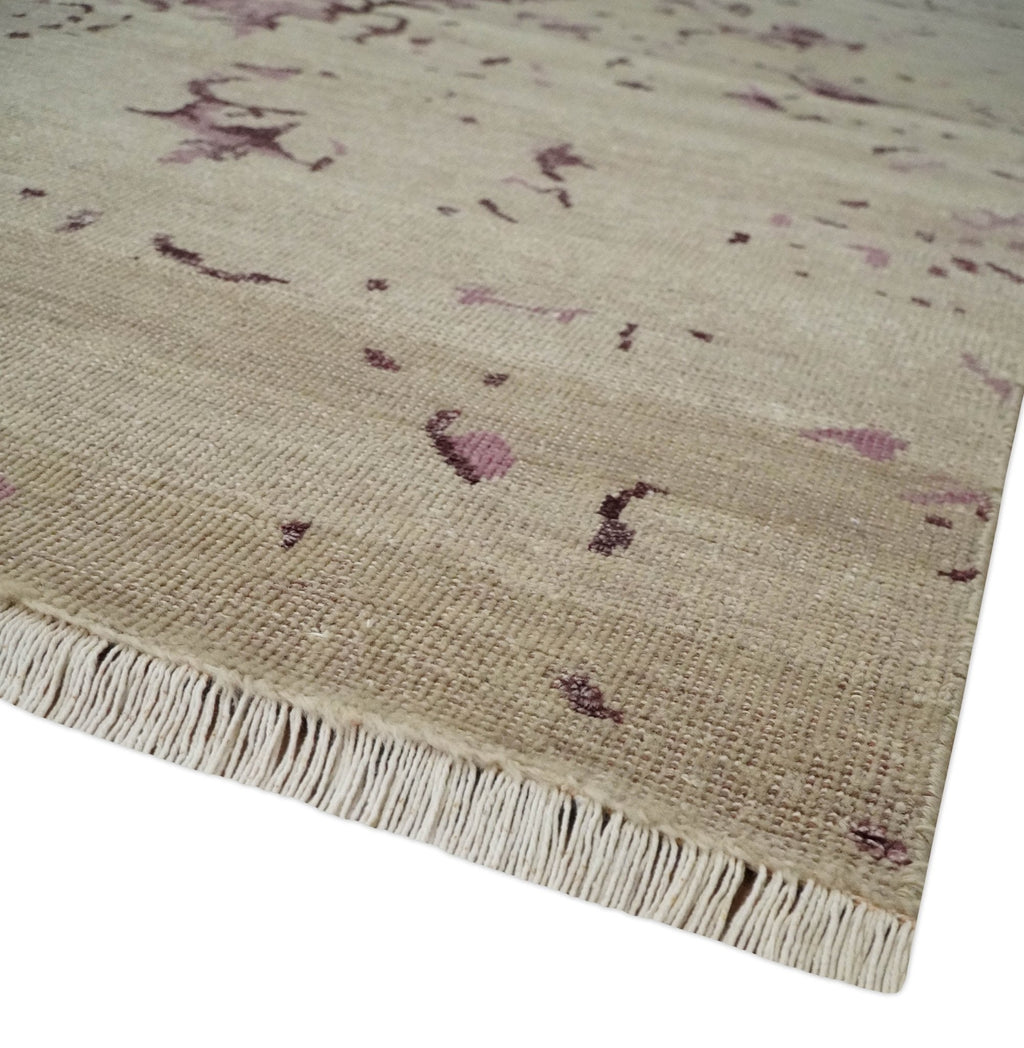 8x10 Camel and Purple Antique Style, Abstract Hand Knotted Low pile Wool Area Rug