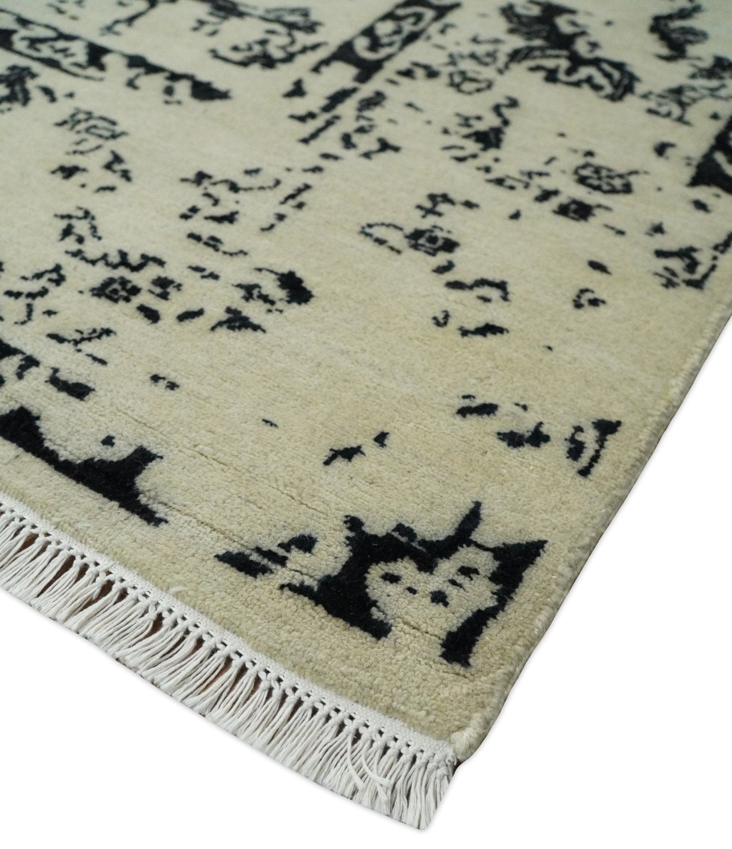 8x10 Fine Hand Knotted Beige and Black Traditional Vintage Persian Antique Wool Rug