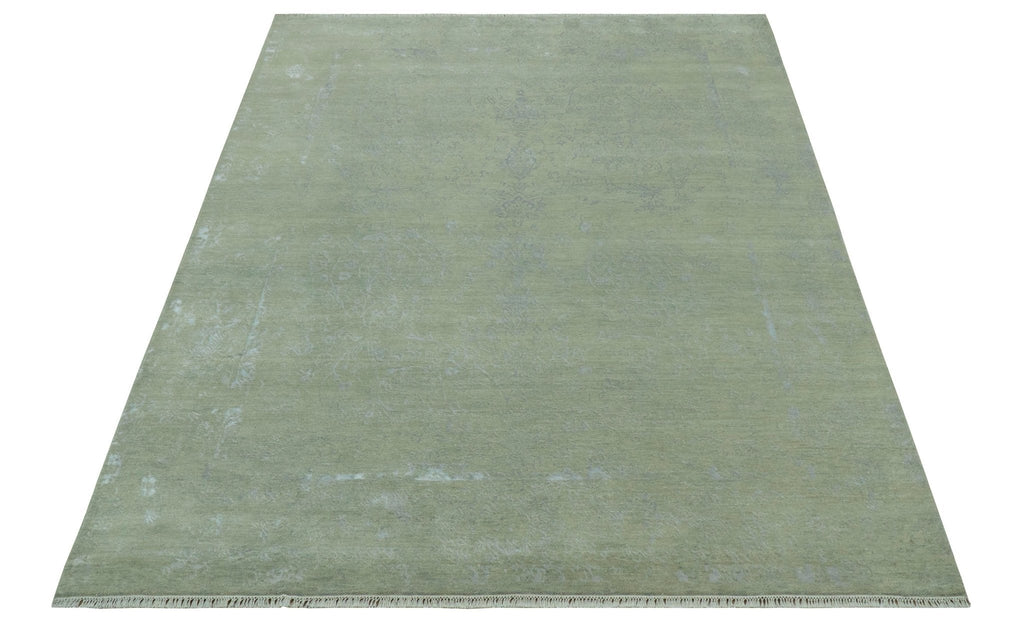 8X10 Fine Hand Knotted Green And Gray Modern abstract Design Wool and Art Silk Rug