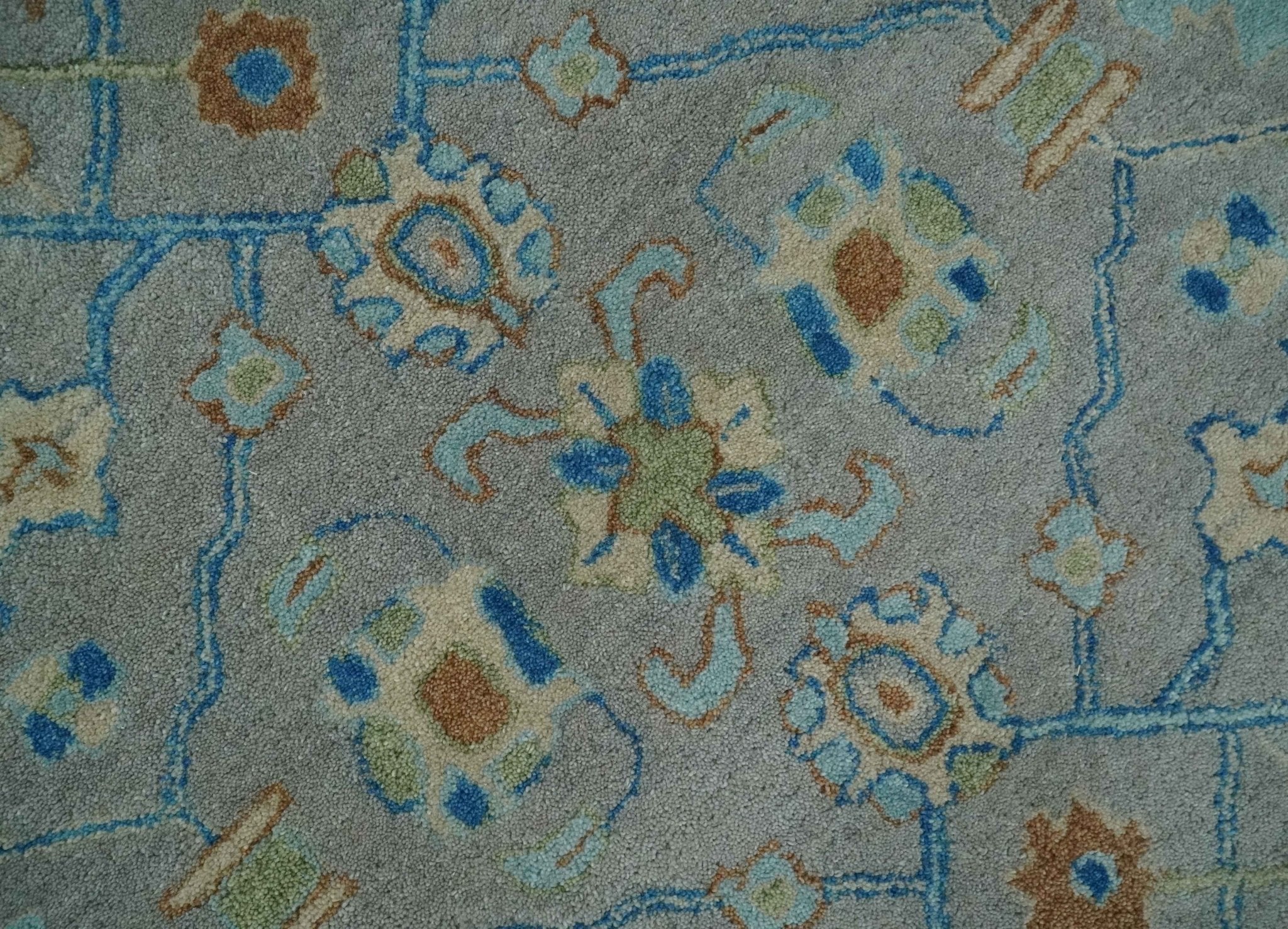 8x10 Hand Tufted Gray, Beige and Accent Blue Traditional Herati Design Wool Rug