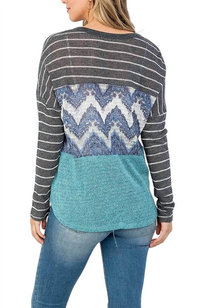 Colorblock Front Tie Long Sleeve Top