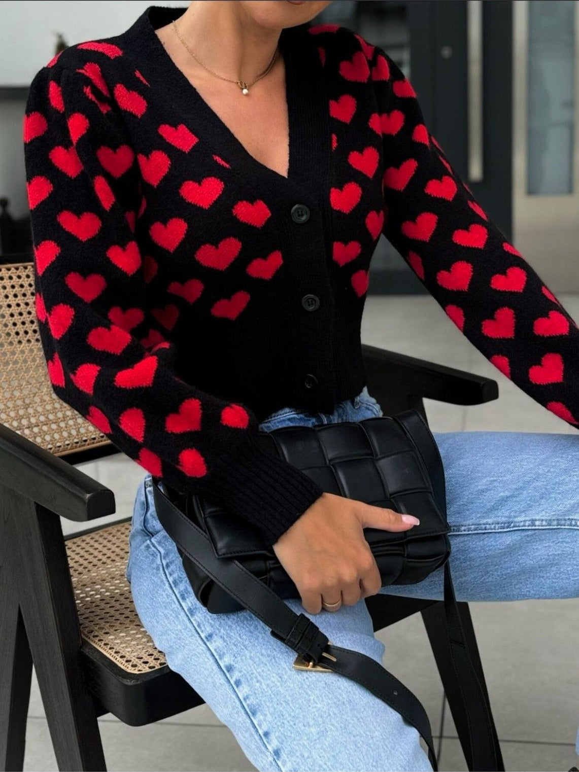 Women Valentine’s Day Heart V-Neck Cropped Cardigan