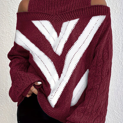 Elegant Plus Size Off Shoulder Striped Cable Knit Sweater