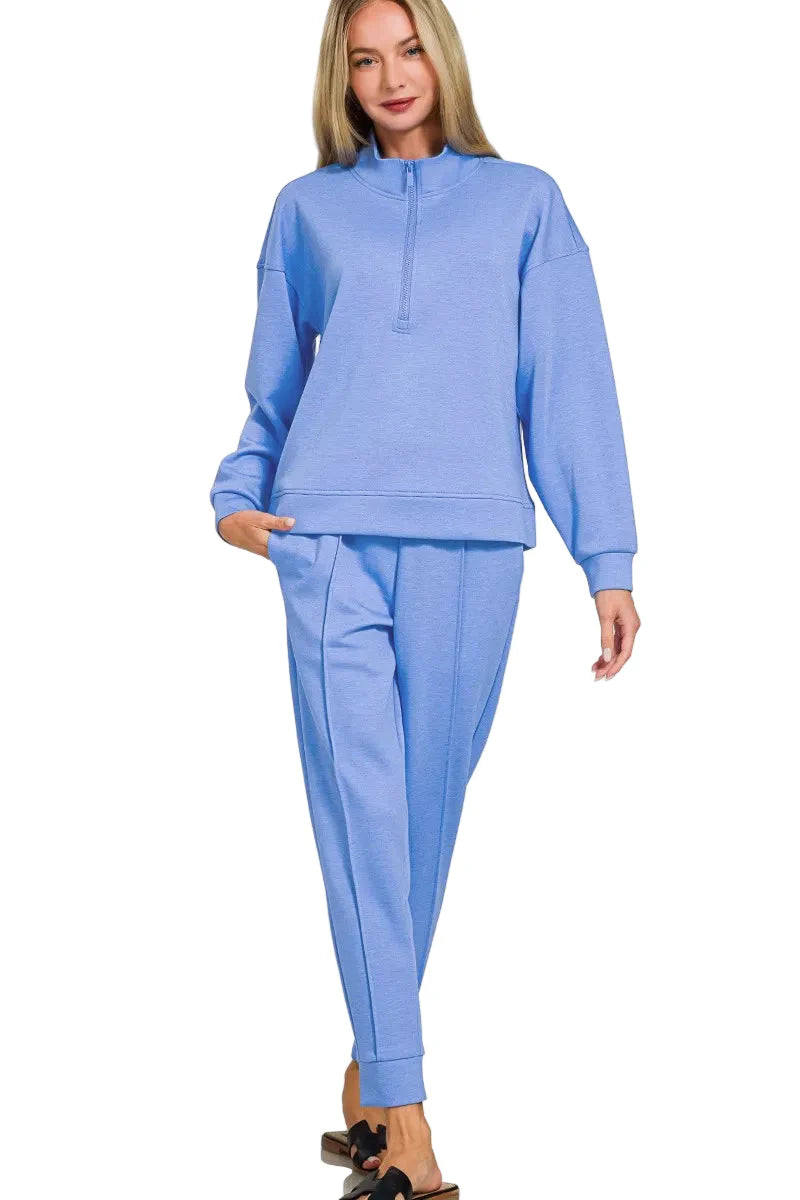 Zenana Scuba Half Zip Pullover and Jogger Set