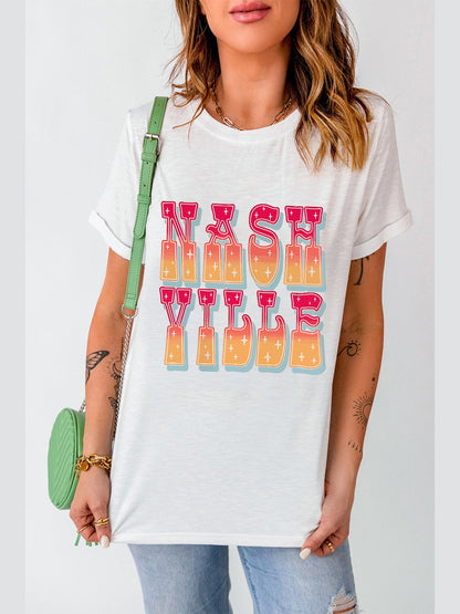 Women Letter Graphic Round Neck Short Sleeve T-Shirt