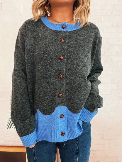 Button-Front Contrast Trim Cardigan