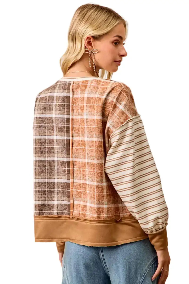 BiBi Plaid And Stripe Mix And Match Top With Open Seam