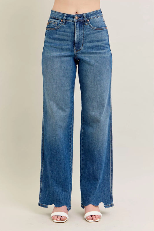 Judy Blue Full Size High Waist Tummy Control Chew Hem Destroy Wide Jeans Plus Size