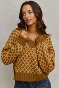 SO ME Color Block Textured Christmas Sweater V Neck Top
