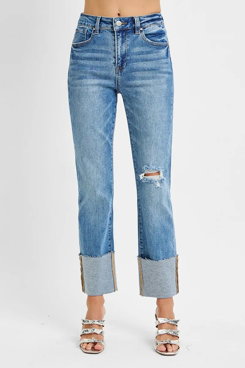 RISEN Full Size High Rise Ankle Straight Wide Cuffed Jeans Plus Size
