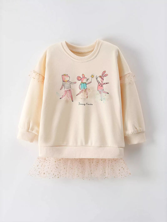 Children's Cartoon Animal Mesh Trim Sweatshirt