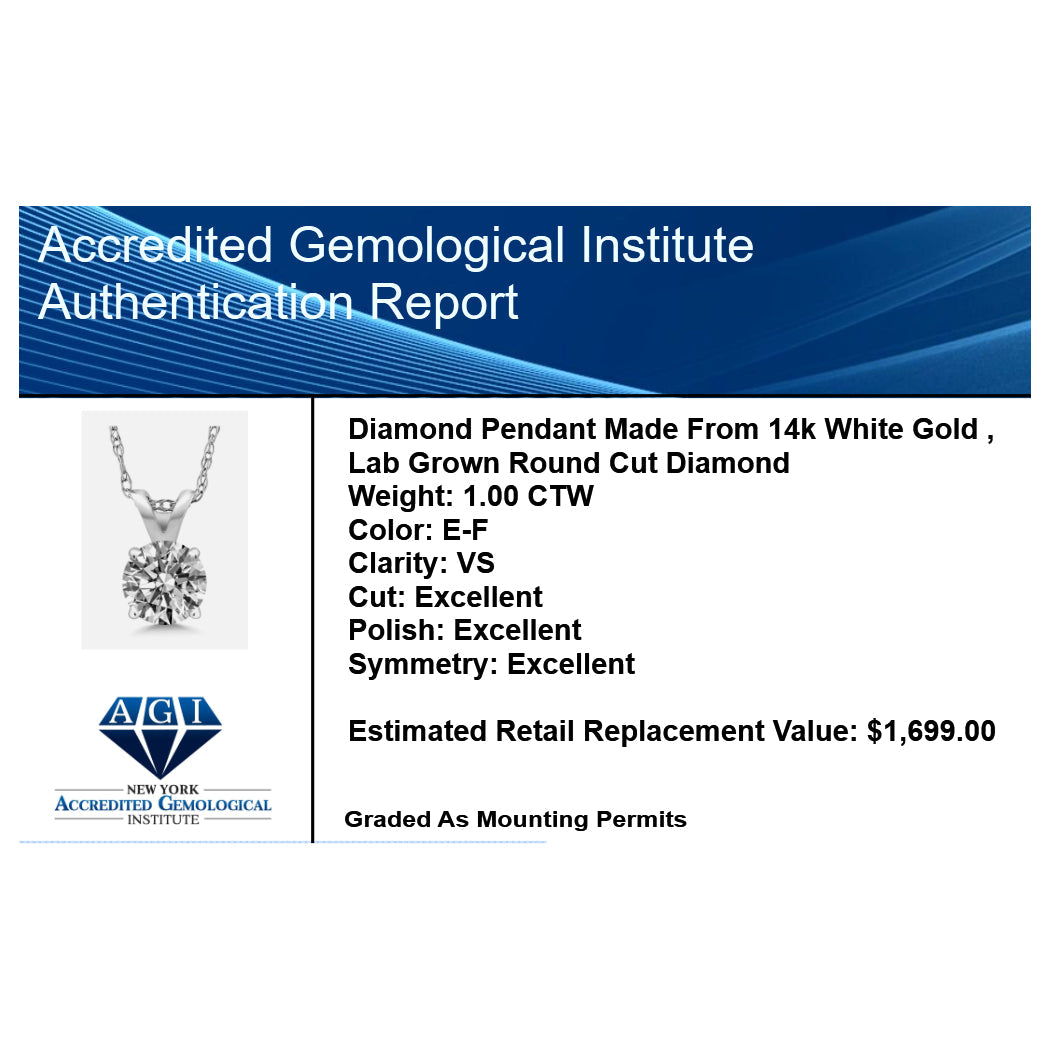 1.00 CTW Round Lab Grown Diamond Pendant Necklace in 14K Gold | AGI Certified | E-F Color, VS1-VS2 Clarity | 18 Inch Chain