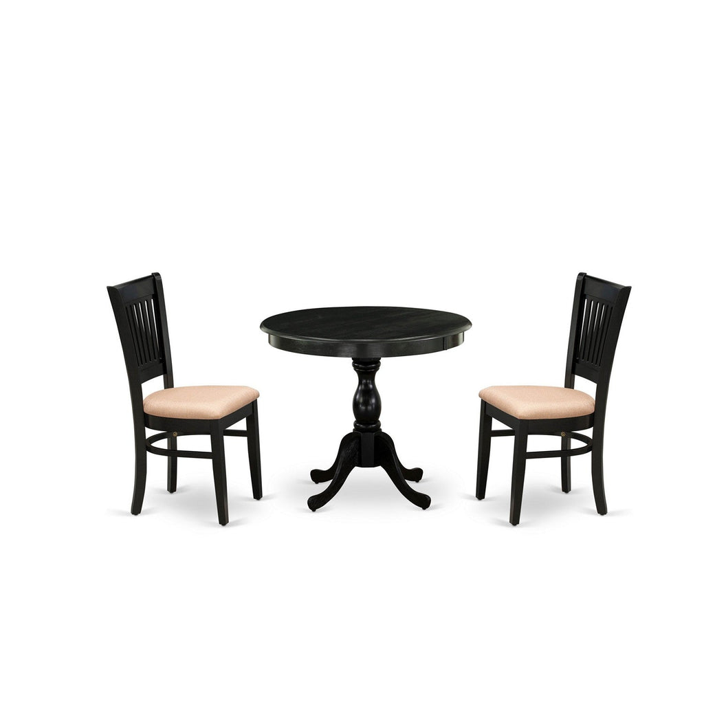 EAST WEST FURNITURE - AMVA3-BLK-C - 3-Pc Modern Dining Table Set- 2 Wood Dining Chair and Dining Room Table - Linen Fabric Seat and Slatted Chair Back (Black Finish)