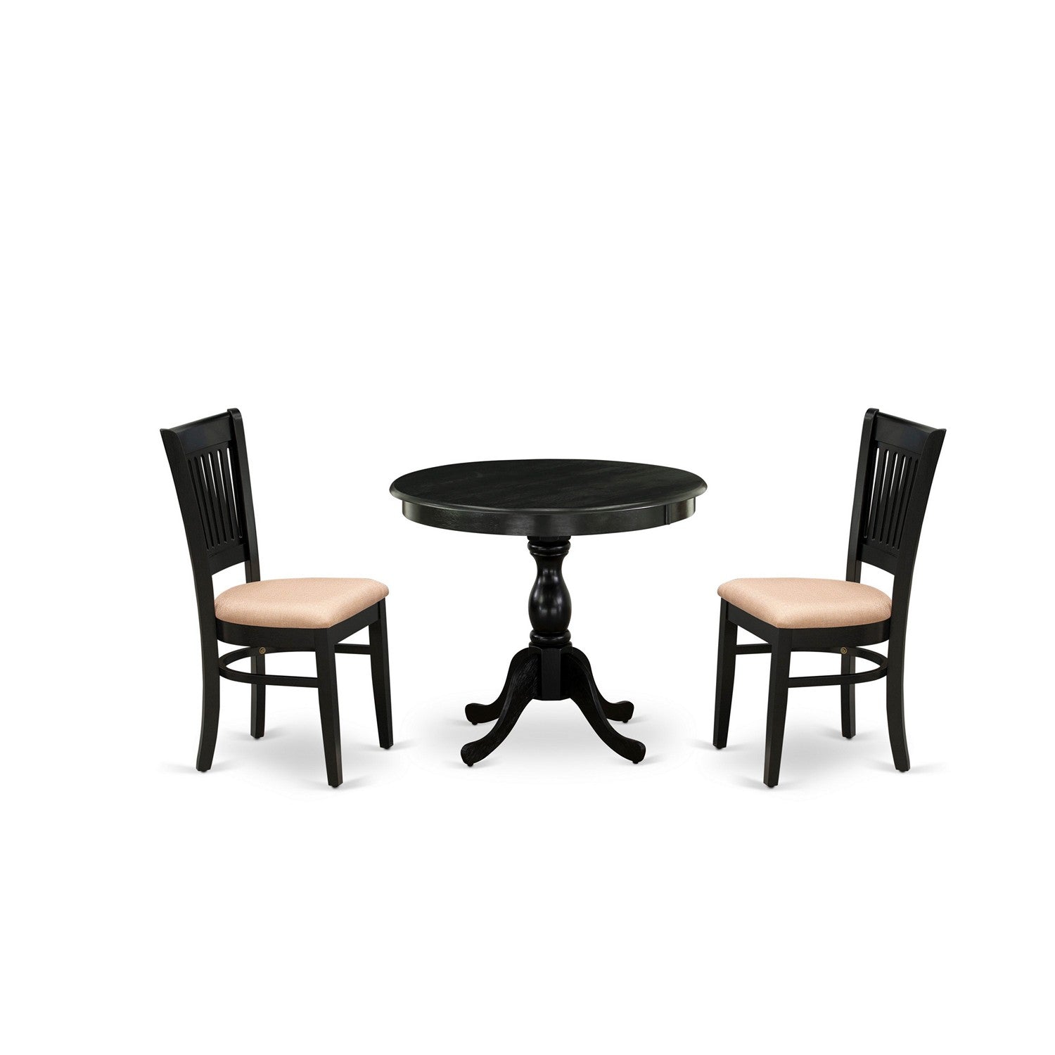 EAST WEST FURNITURE - AMVA3-BLK-C - 3-Pc Modern Dining Table Set- 2 Wood Dining Chair and Dining Room Table - Linen Fabric Seat and Slatted Chair Back (Black Finish)