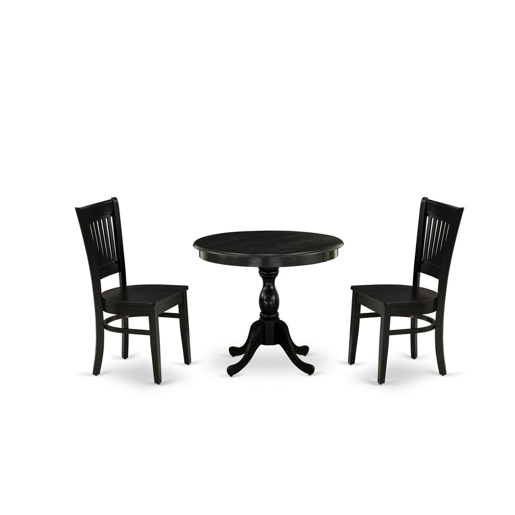 EAST WEST FURNITURE - AMVA3-BLK-W - 3-Pc Dinette Room Set- 2 Modern Dining Room Chair and Kitchen Dining Table - Wooden Seat and Slatted Chair Back (Black Finish)