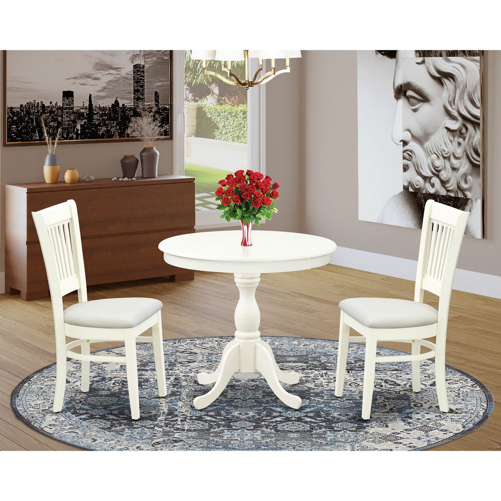 EAST WEST FURNITURE - AMVA3-LWH-C - 3-Piece Dinette Set- 2 Dining Room Chair and Round Dining Table - Linen Fabric Seat and Slatted Chair Back (linen white Finish)