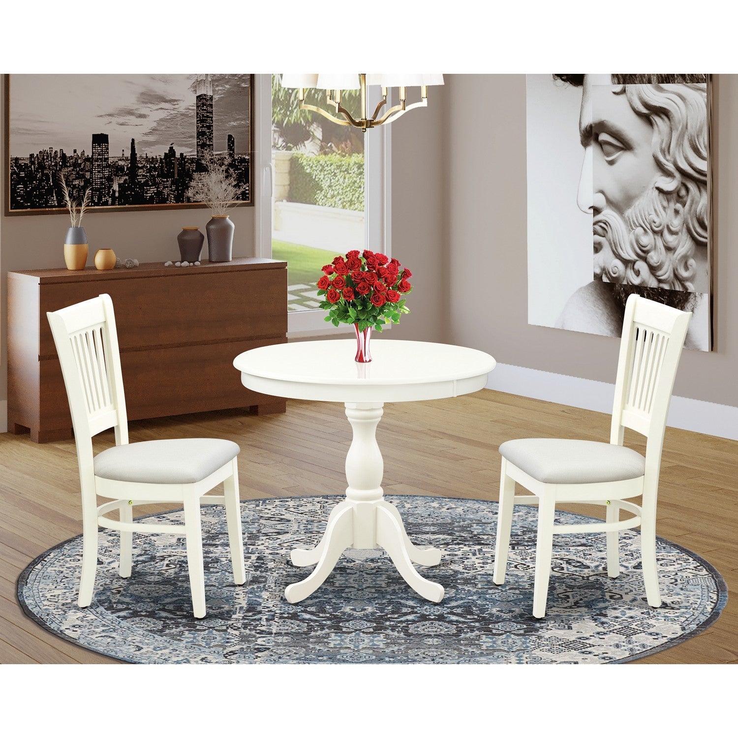 EAST WEST FURNITURE - AMVA3-LWH-C - 3-Piece Dinette Set- 2 Dining Room Chair and Round Dining Table - Linen Fabric Seat and Slatted Chair Back (linen white Finish)