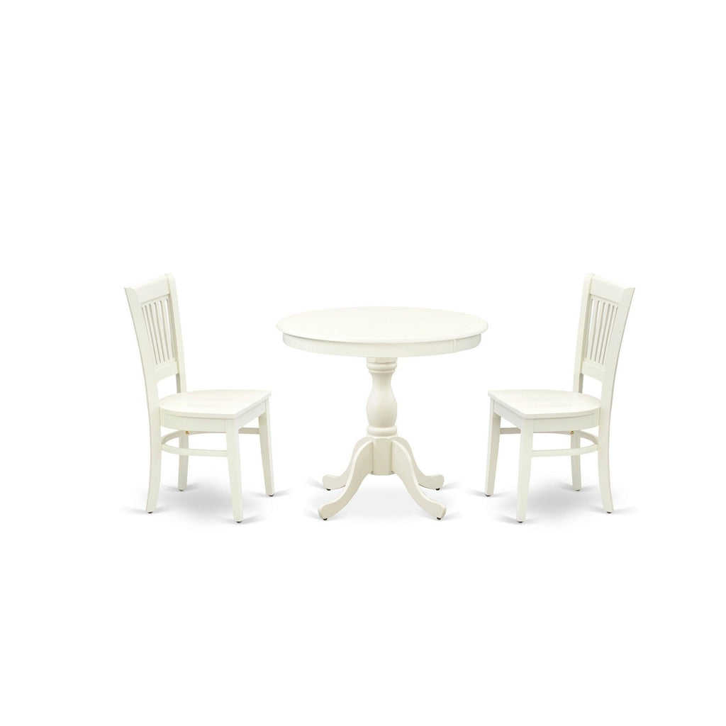 EAST WEST FURNITURE - AMVA3-LWH-W - 3-Pc Dining Room Table Set- 2 Dining Room Chair and Dining Table - Wooden Seat and Slatted Chair Back (linen white Finish)