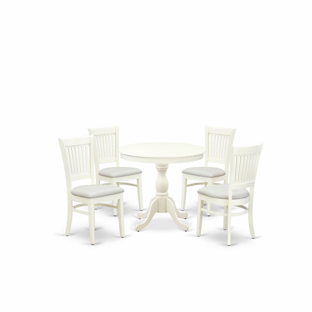 EAST WEST FURNITURE - AMVA5-LWH-C - 5-Piece Dinette Room Set- 4 dining room chairs and Wooden Dining Table - Linen Fabric Seat and Slatted Chair Back (linen white Finish)